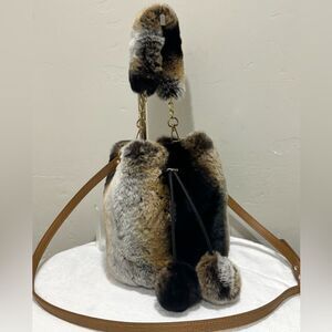 Handmade Real Rex Rabbit Fur Drawstring Bucket Bag, Includes 3 Strap Styles